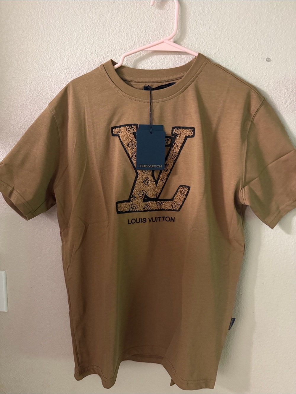 Louis Vuitton Tan Short-Sleeve Logo Tee with Black LV Detail